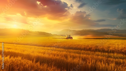 Tractor working on the rice fields barley farm at sunset time, modern agricultural transport.
 photo