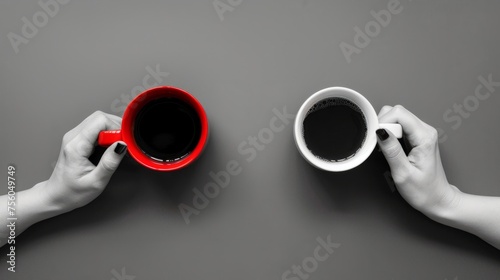 hand holding a cup of coffee, black, white and red color generative ai