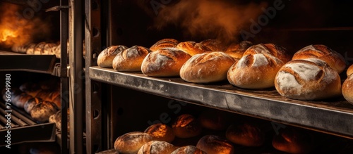 A variety of baked goods, a staple food in many cuisines, are sitting on a shelf inside a bakery oven fueled by gas, ready to be used as ingredients in delicious recipes photo
