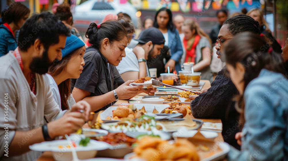 People from various cultural backgrounds gathered around a communal table at a food festival, enjoying diverse cuisines People from various cultural backgrounds gathered around a communal table at a food festival, enjoying diverse cuisines
