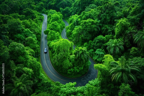 Aerial view of a winding road amidst vibrant green tropical forest canopy