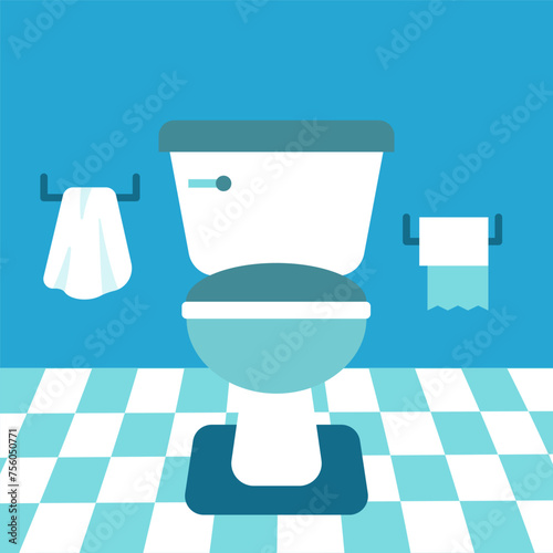 Flat Blue Bathroom Toilet. Vector Illustration of Tile Floor and Dark Carpet. Towel and Paper. (ID: 756050771)