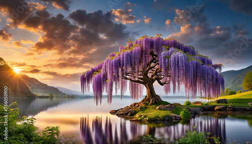 Wisteria glicynia, kwitnące drzewo, różowe kwiaty photo