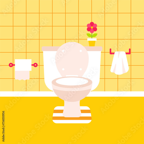 Yellow Bathroom Light Toilet. Vector Illustration of Flat Tile Wall and Orange Carpet. (ID: 756050956)