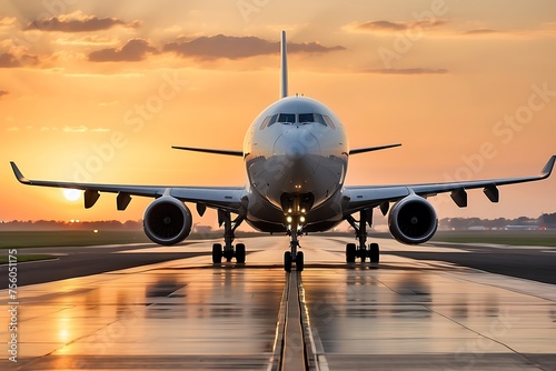 Airplane on the runway at sunset. Business travel and transportation concept