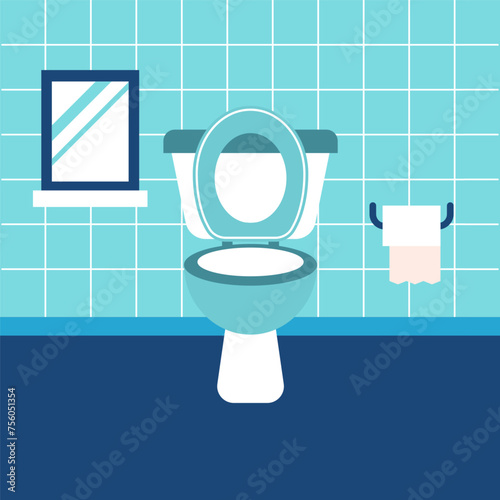 Blue Bathroom Blue Toilet. Vector Illustration of Flat Tile Wall and Mirror. (ID: 756051354)
