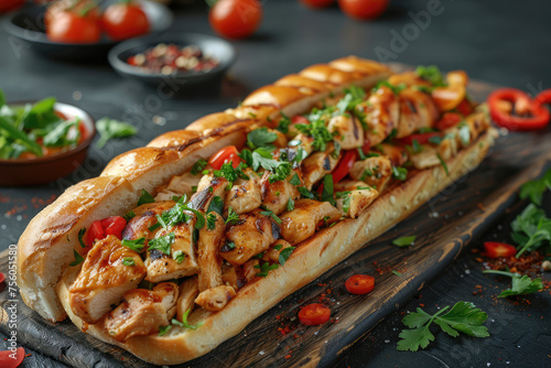 Large baguette sub sandwich with roast chicken, greens and vegetables on dark grey table