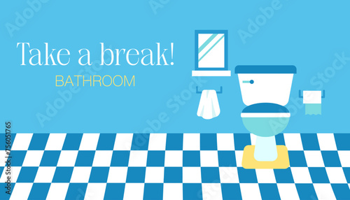 Toilet Blue Bathroom Flat Banner. Vector Illustration of Tile Wall and Yellow Carpet. Mirror and Towel. Paper. (ID: 756051765)