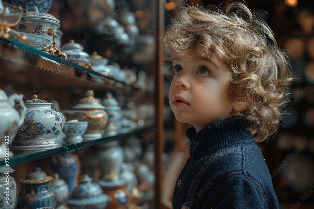 Young Boy Observing a Display of Vases