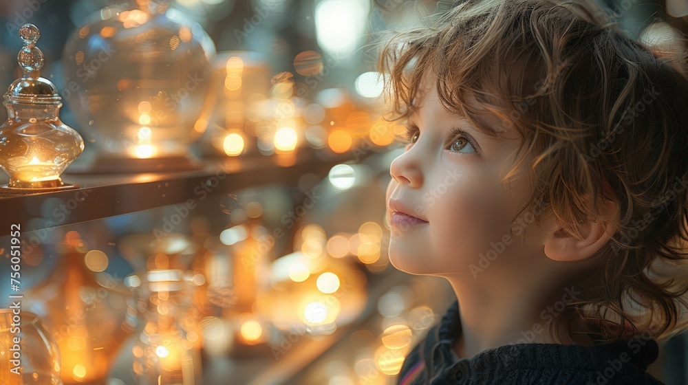 Young Child Observing Glass Jars Display