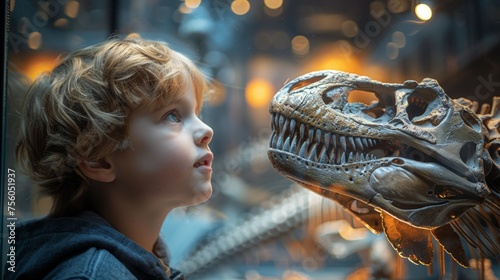 Young Boy Observing Dinosaur in Museum © Ilugram