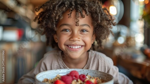 Little Girl Smiling Holding Bowl of Food
