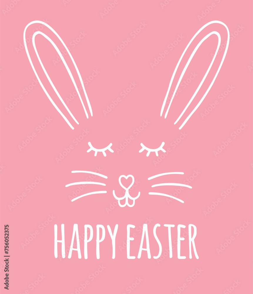 Vector hand drawn doodle sketch bunny rabbit face with happy Easter text isolated on pink background Vector hand drawn doodle sketch bunny rabbit face with happy Easter text isolated on pink background
