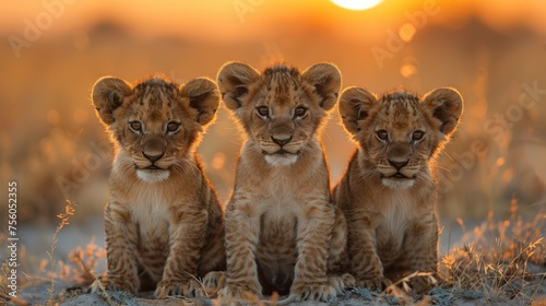Three Young Lion Cubs Sitting in the Grass