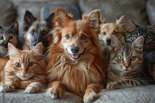 Dogs and Cats Sitting Together on a Couch