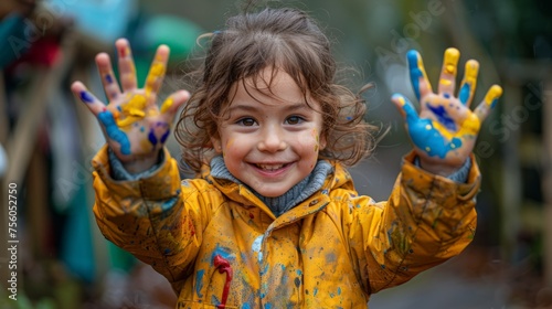 Joyful Little Girl With Blue and Yellow Painted Hands