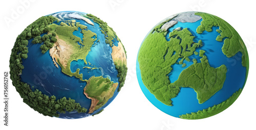 Cartoon 3D render illustration of Planet Earth, cut out globe isolated on white or transparent backgroun with two different variations, planet with green trees, oceans and continents. photo