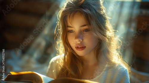 Young Girl Reading Book in Sunlight