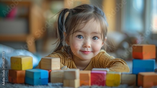 Little Girl Playing With Wooden Blocks