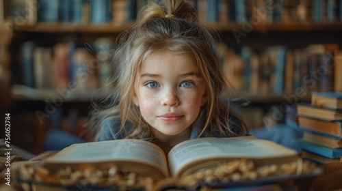 Little Girl Reading Book in Library