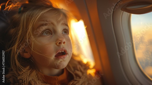Little Girl Looking Out Window of Airplane