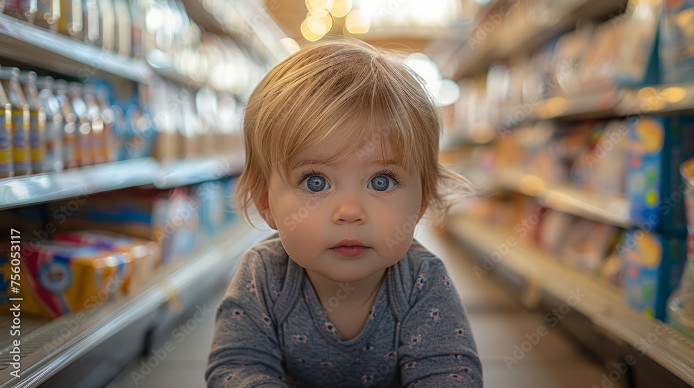 Toddler Sitting on Grocery Store Shelf
