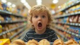 Little Boy Standing in Front of Bread