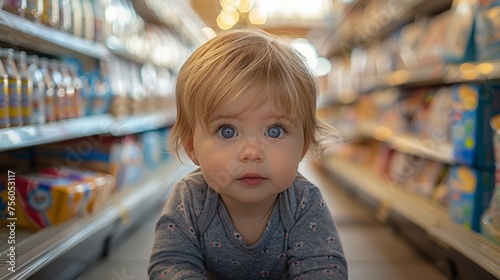 Toddler Sitting on Grocery Store Shelf