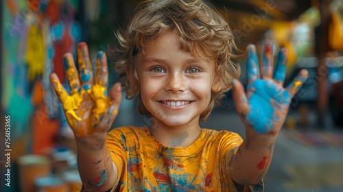 Young Boy With Blue and Yellow Painted Hands