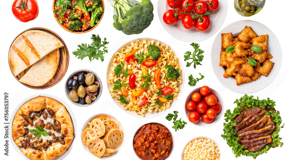 Set of plates of food collection isolated on transparent background, top view Set of plates of food collection isolated on transparent background, top view