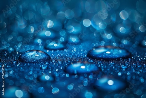Cluster of Water Droplets on Blue Surface