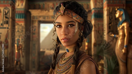 Egyptian Woman's Soulful Eyes, Sacred Temple Illuminated by Sunset