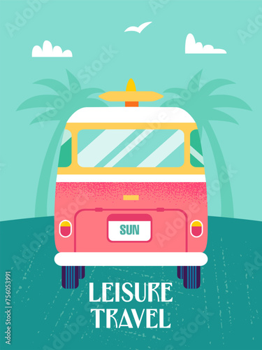 Leisure Travel Van Tropical. Vector Illustration of Flat Car for Surf and Leisure. (ID: 756053991)