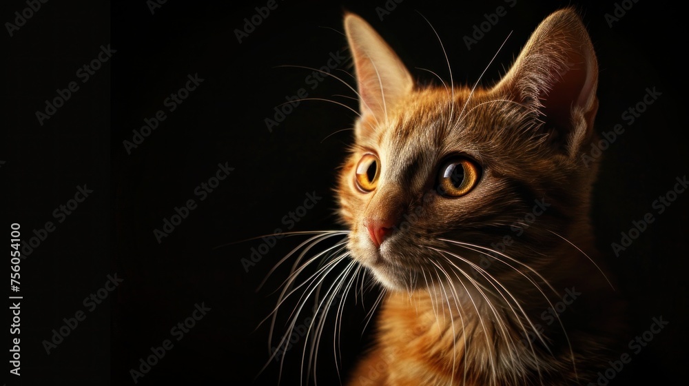 A close-up portrait of a domestic red cat with luminous eyes and detailed whiskers, set against a dark background.. A close-up portrait of a domestic red cat with luminous eyes and detailed whiskers, set against a dark background..