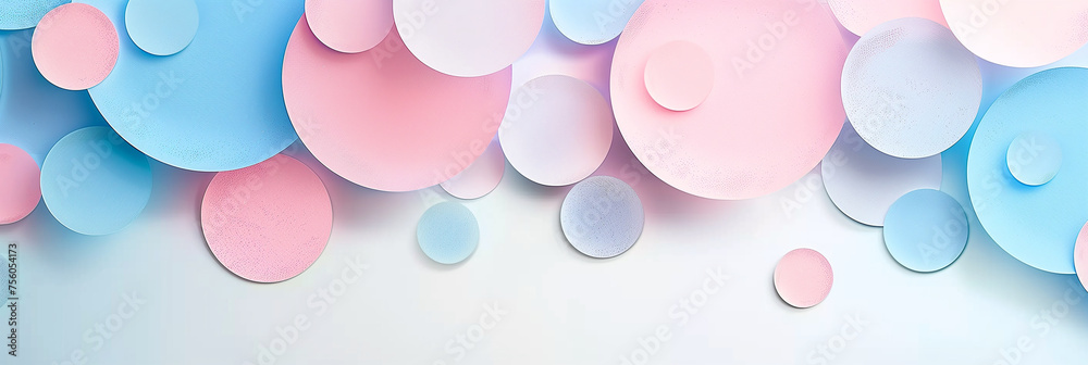 Abstract banner background with circles in light pastel pink and blue colors. Copy space for text.