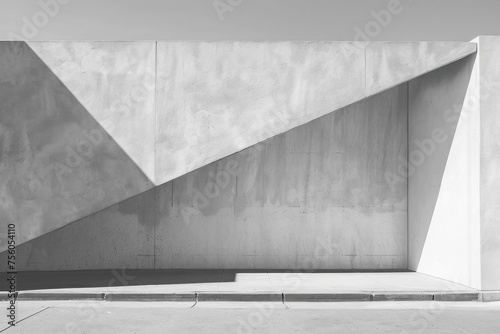 A minimalist architectural detail showcasing the sharp lines and contrasting shadows of a concrete structure against a clear sky, black and white background photo