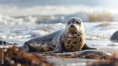 seal sunbathing on the beach generative ai © ThisDesign