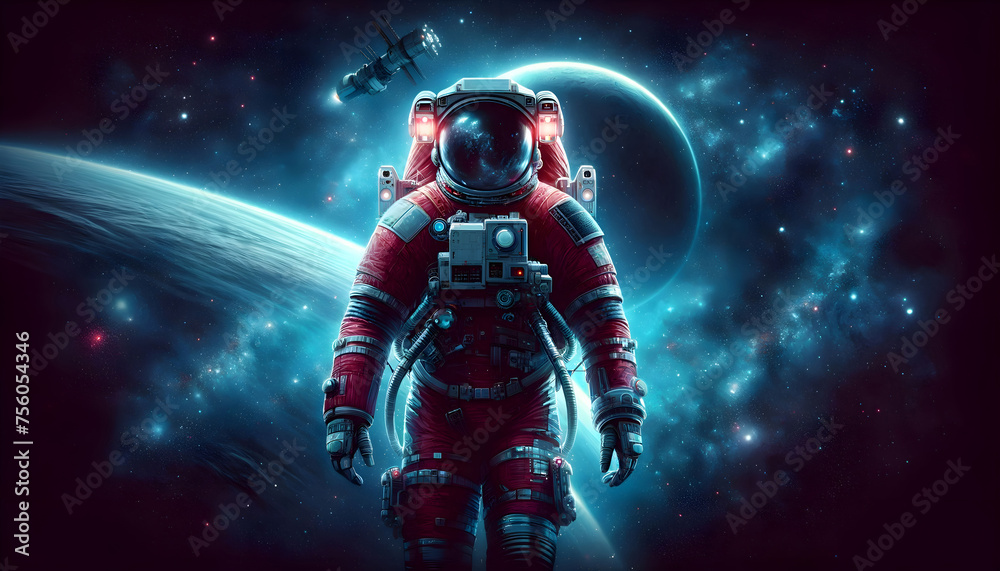 illustration of astronaut with red suit, full body and floating ultra