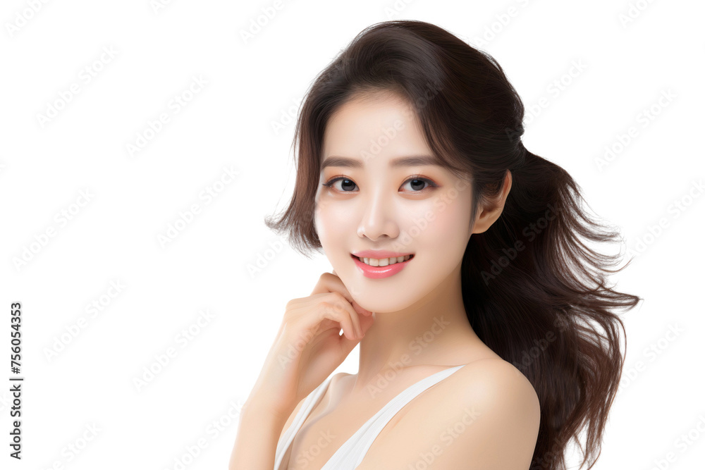 Studio portrait of a Korean woman touching healthy facial skin, skincare and cosmetics model concept, isolated on transparent background Studio portrait of a Korean woman touching healthy facial skin, skincare and cosmetics model concept, isolated on transparent background