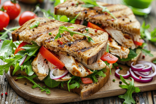 Large delicious club sandwich with roast chicken, greens and vegetables on dark wooden table