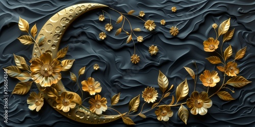 Golden floral decorations on festive crescent moon against dark background, Ramadan concept