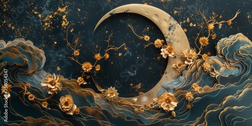 Festive crescent moon adorned with floral decorations on dark background, Ramadan concept