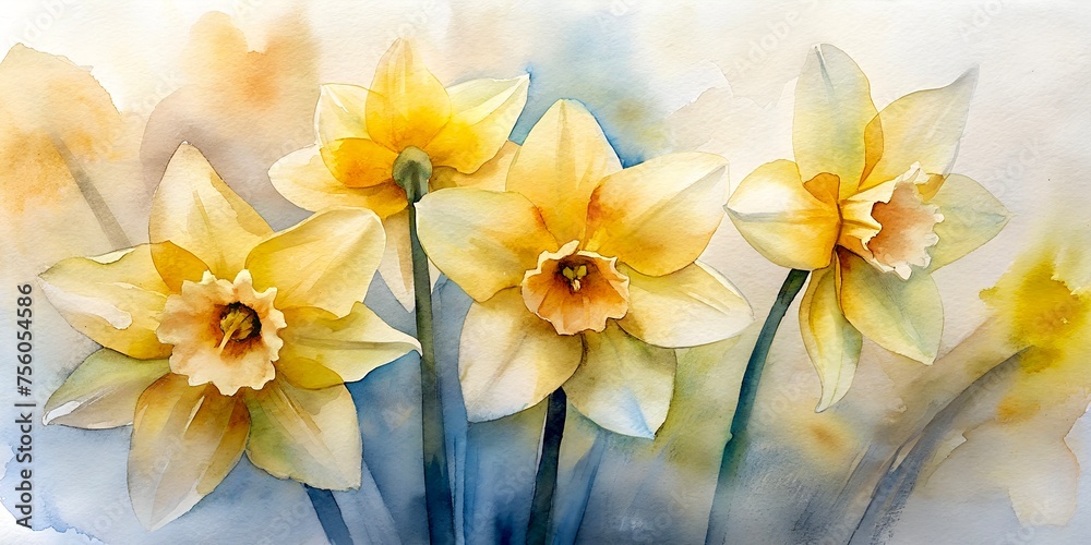 Fototapeta premium Hintergrund mit Osterglocken in Aquarellfarben.