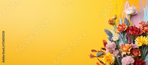 Colorful flowers on a yellow paintbrush with space for text. © Vusal