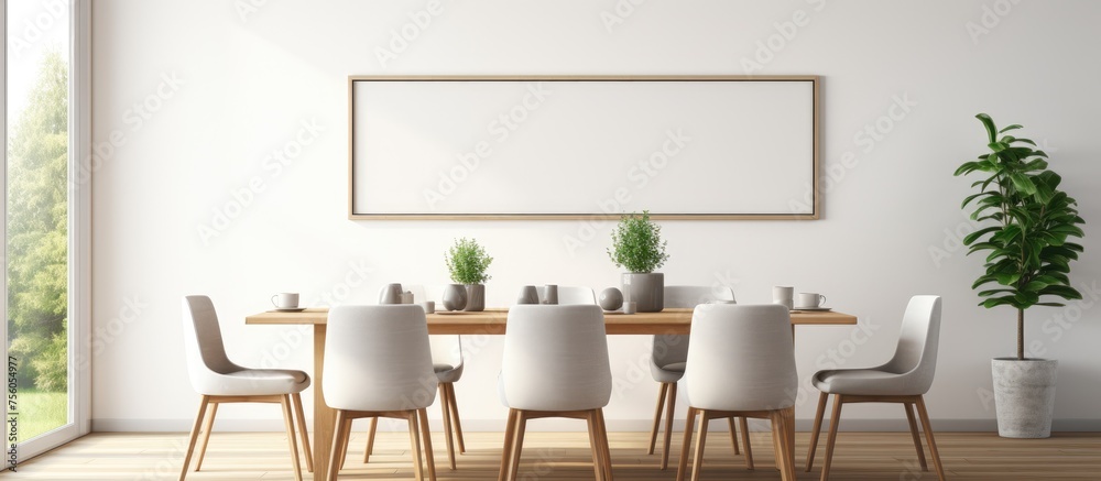 Fototapeta premium Modern interior background with a mockup poster frame in a Scandinavian style dining room.