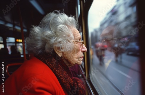 Blurred photo of a senior woman in red gazing out a bus window, reflecting city life motion