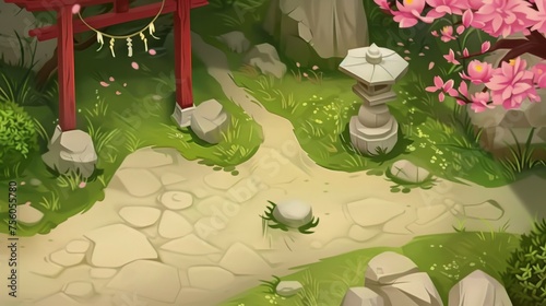 moba themed game map background design, japanese garden with a chinese gate and a stone path photo