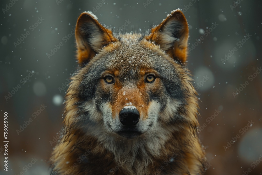 A majestic wolf's penetrating gaze amidst a snowfall, capturing the essence of wild nature's spirit A majestic wolf's penetrating gaze amidst a snowfall, capturing the essence of wild nature's spirit