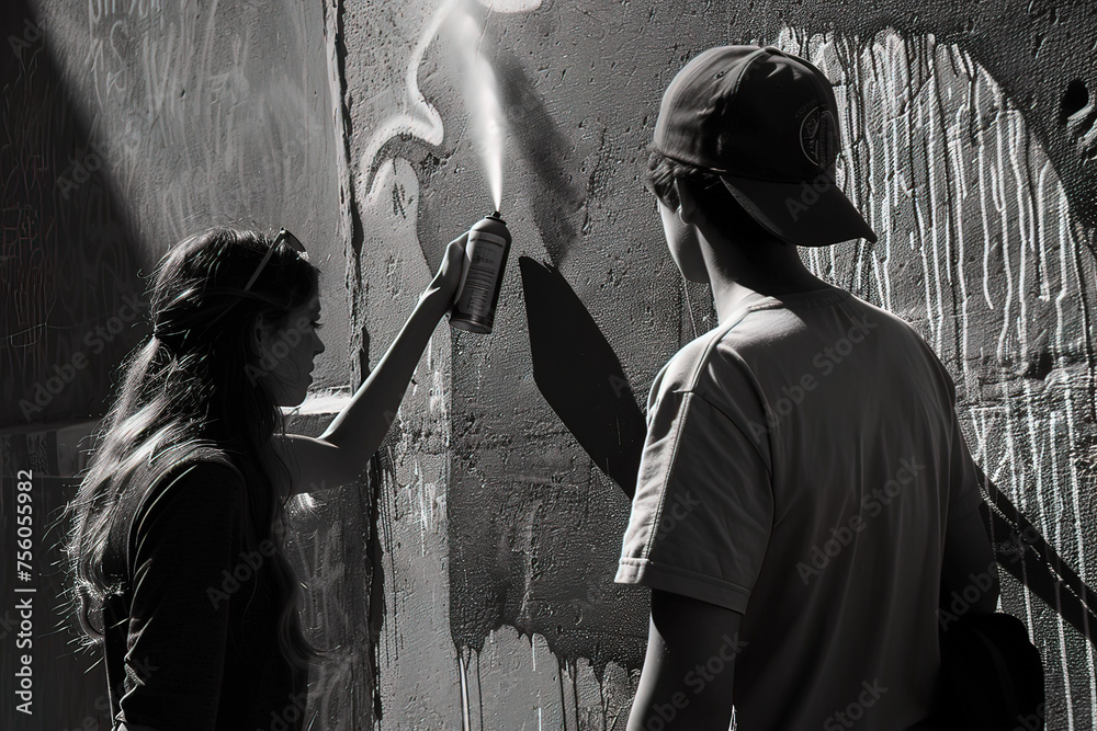 A man and a woman are painting a wall with spray paint. Image created by AI - obrazy, fototapety, plakaty 