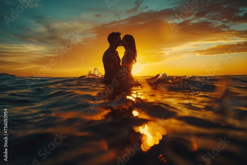 A couple in love kisses on the seashore in the rays of the setting sun. Silhouette in yellow shades. Go-pro shot.